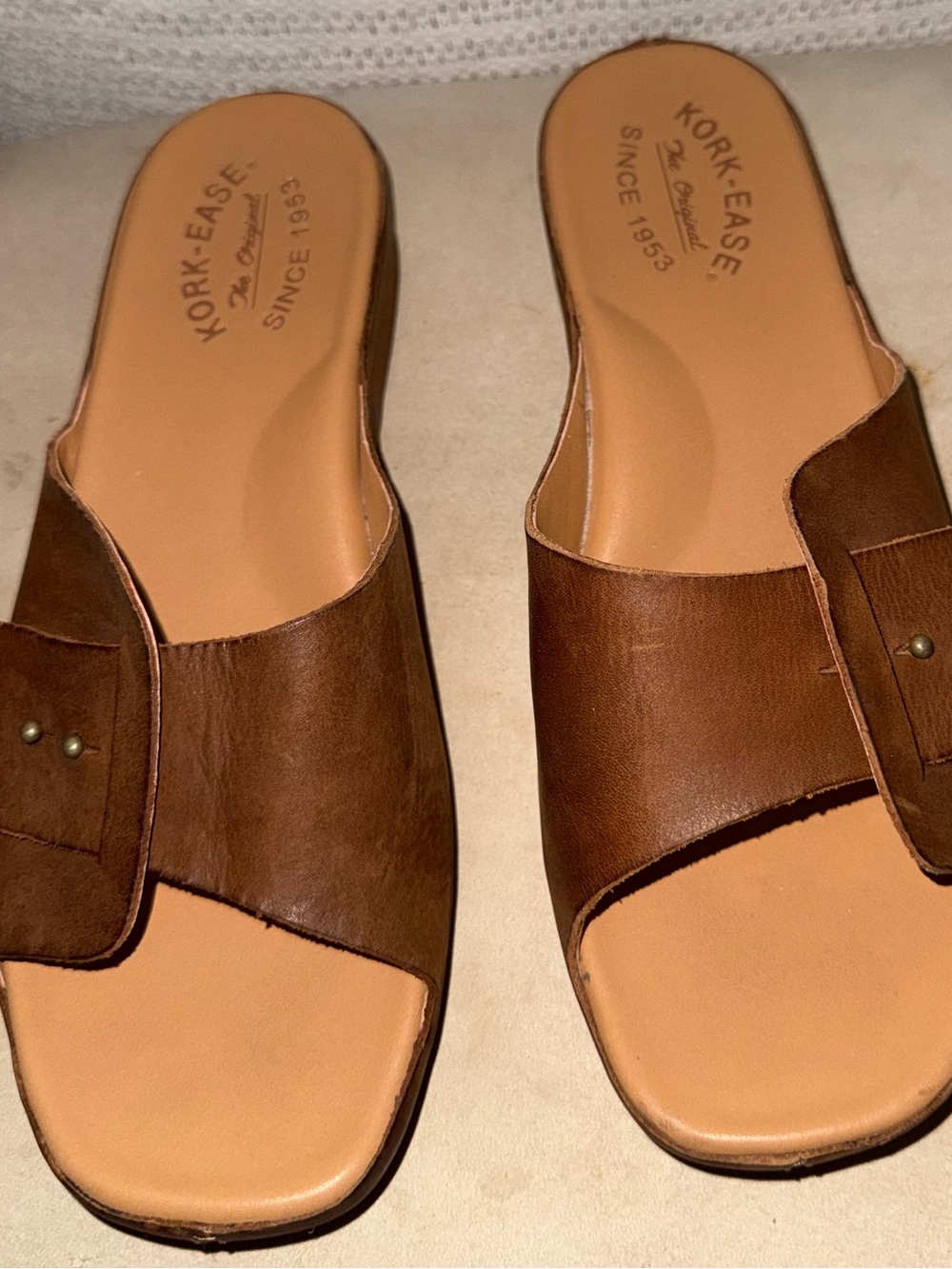 Kork-Ease Women's Brown Leather Slide Sandals with Buckle Accent